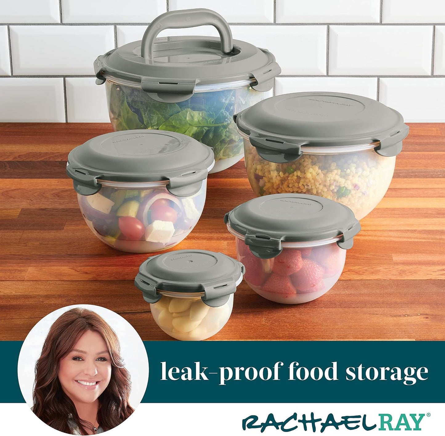Rachael Ray Leak-Proof Nestable Container Food Storage Bin Set, 10-Piece, Clear with Teal Lids