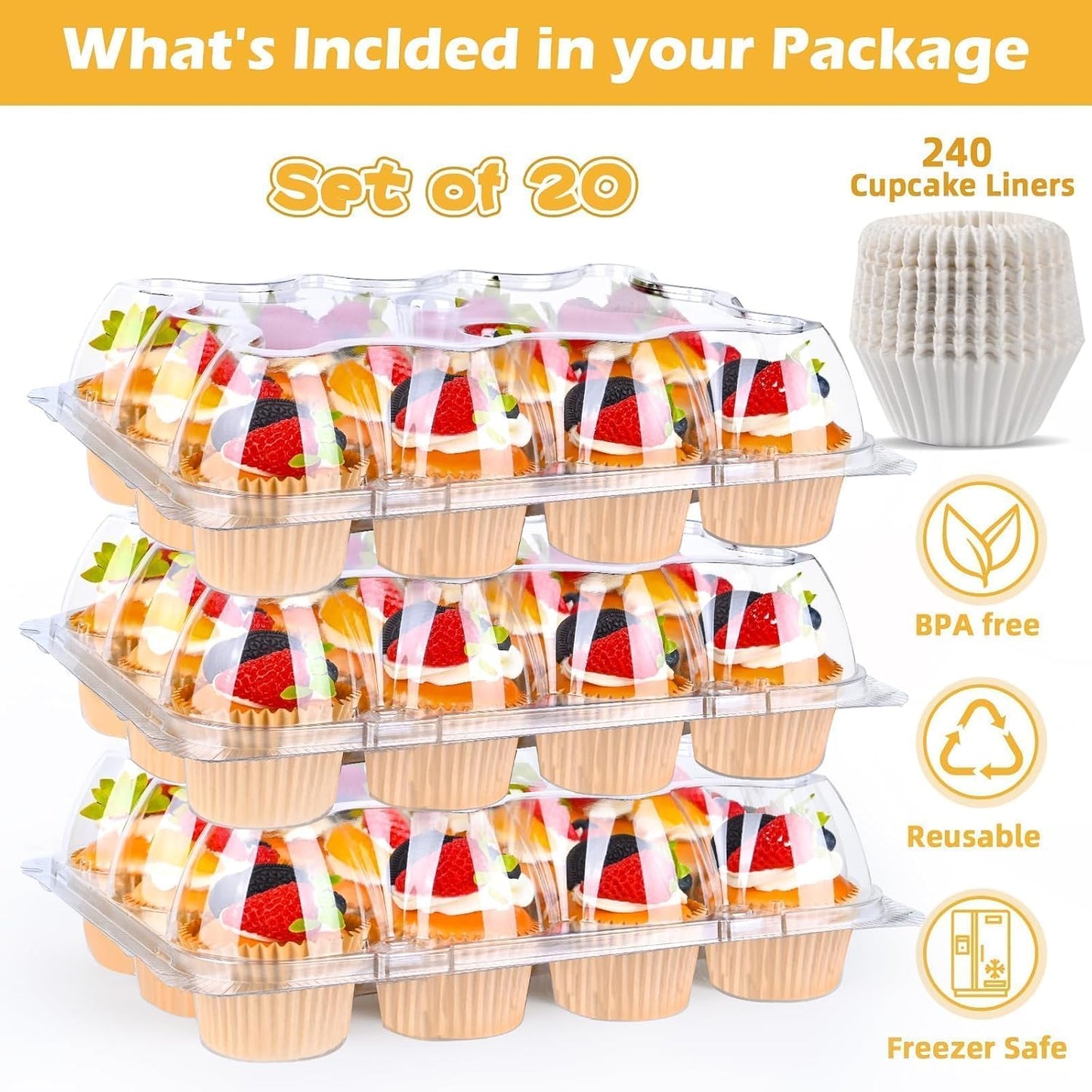 Plastic Cupcake Containers 12 Count (12 Sets), Stackable Cupcake Boxes Holders with Tall Dome Lid, Disposable Cupcake Carrier Trays Include 150 Cupcake Liners