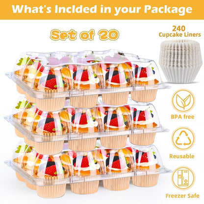 Plastic Cupcake Containers 12 Count (12 Sets), Stackable Cupcake Boxes Holders with Tall Dome Lid, Disposable Cupcake Carrier Trays Include 150 Cupcake Liners
