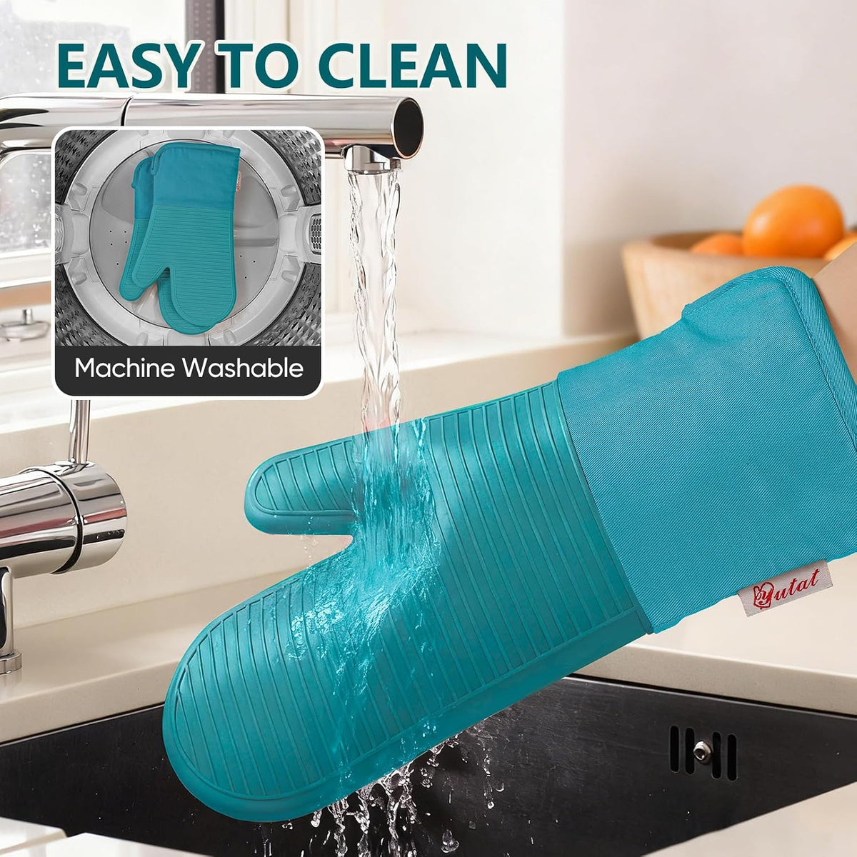 Yutat Silicone Oven Mitts - Oven Mitts and Pot Holders Sets Made of Non-Slip & BPA-Free Silicone, High Heat Resistant 500 Degrees, Perfect for Kitchen Cooking Baking BBQ, Peak Green