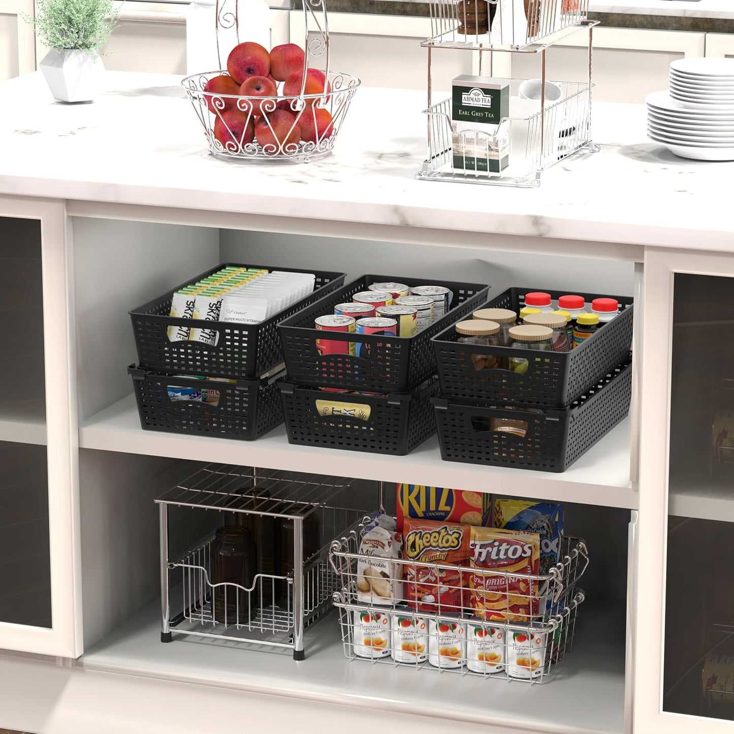 Simple Houseware Stackable Plastic Woven Basket Organizer, 6 Pack, White | 14.5" D x 8.5" W x 3.5" H