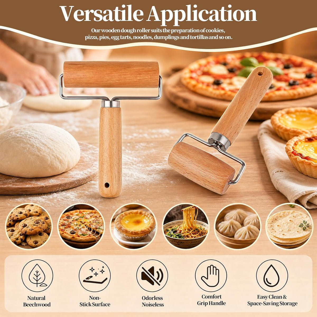 2 Pcs Small Rolling Pins with Handle Wooden Dough Roller for Baking Pizza