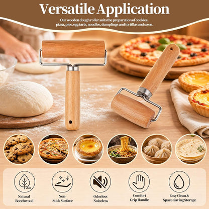 2 Pcs Small Rolling Pins with Handle Wooden Dough Roller for Baking Pizza