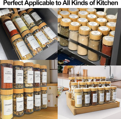 AISIPRIN Glass Spice Jars with 398 Labels, 24 pcs 4oz Spice Containers with Bamboo Lids, Square Spice Bottles With Shaker Lids,Spice Organization for Cabinet,Drawer,Rack,Seasoning Organizer