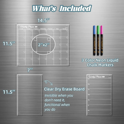Clear Non-Magnetic Meal Planner Set for Fridge - Dry Erase Transparent Menu and List Board - Sticks to Wall, Glass, Door, Any Smooth Surfaces
