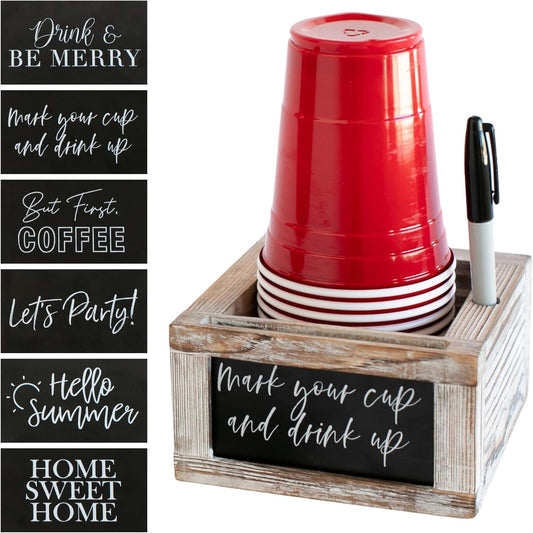 White Party Cup Holder with Marker Slot- Drink Caddy with Interchangeable Signs- Mark Your Cup and Drink Up-Hosting Essentials Wood Cup Dispenser- Brunch Supplies- Disposable Cup Holder Hostess Gifts