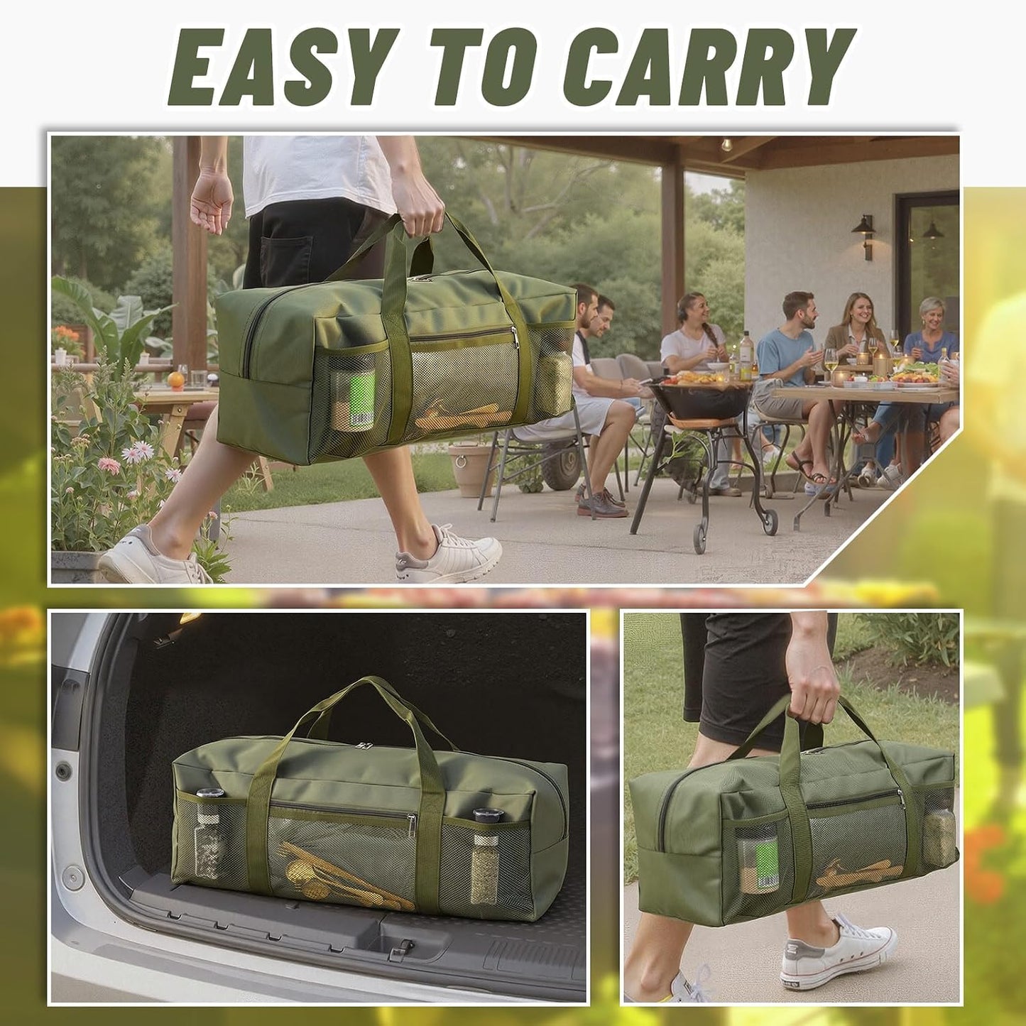 24" Grill Tool Storage Bag, Heavy Duty Waterproof BBQ Tools Bag, 24" x 8" x 8", Large Grill Utensil Storage Caddy with Pockets, BBQ Accessories for Outdoor Barbecue, Camping, Hiking(Green)