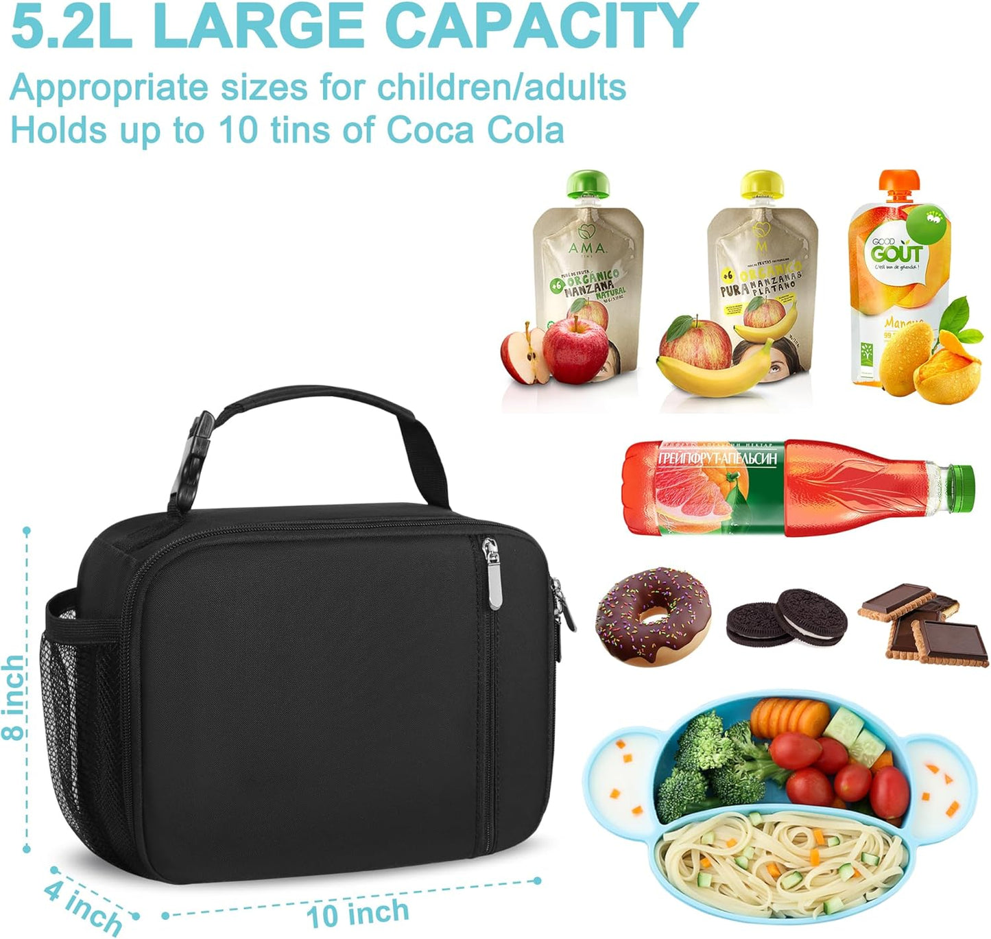 esouler Lunch Box Kids Insulated Lunch Bag for Boys & Girls Durable Children Lunchbox for School with Water Bottle Holder-Black