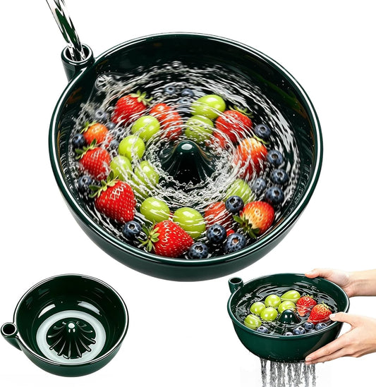 Ceramic Berry Washing Bowl, Swirl Quick‑Drain Colander with Pour Spout, Self‑Rinsing Fruit Strainer for Berries Fruits Vegetables, Dishwasher Safe