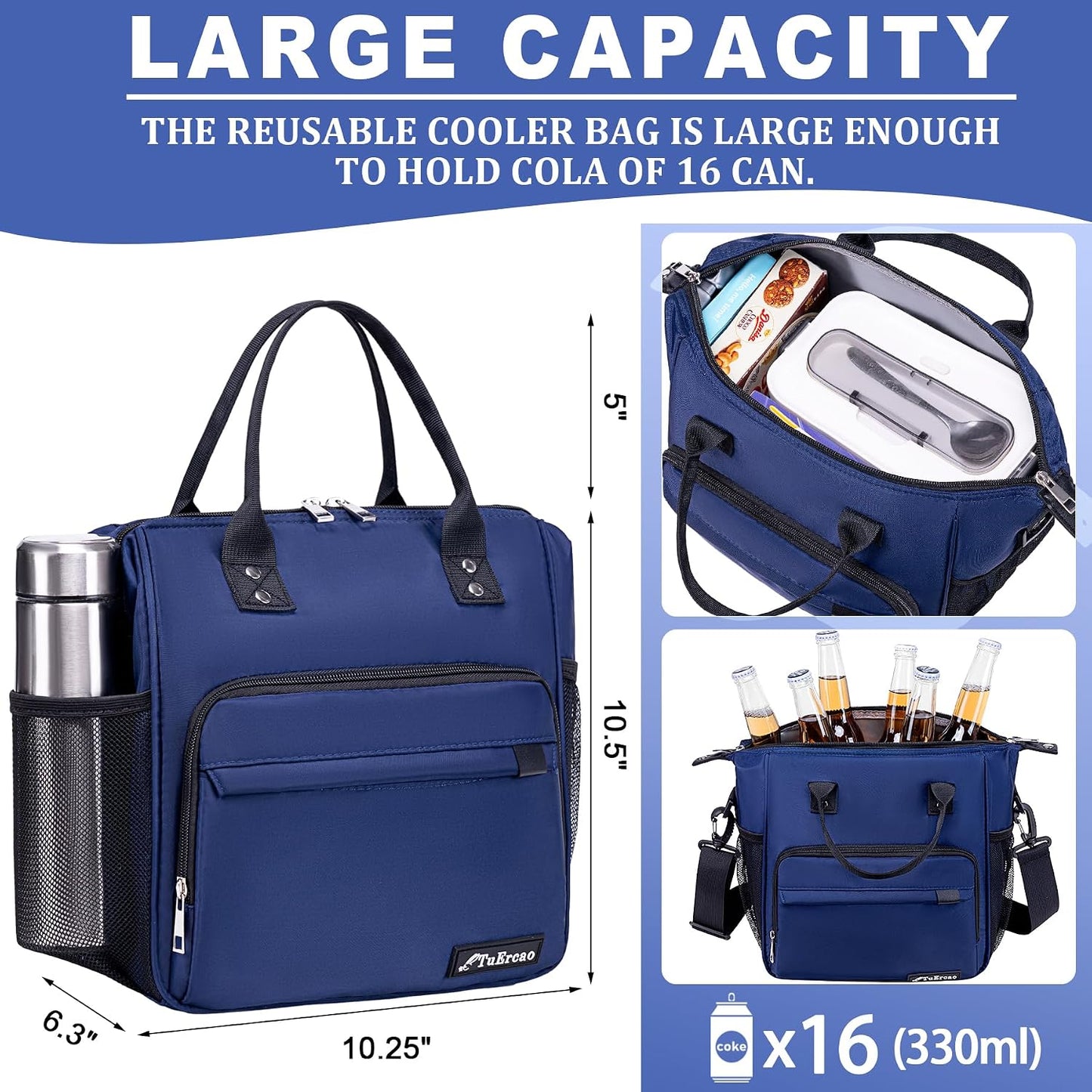TuErCao Small Lunch Bag Lightweight Insulated Lunch Box for Women Work Portable Soft Cooler for Picnic Travel Road Trips, Loncheras para Mujer, Black