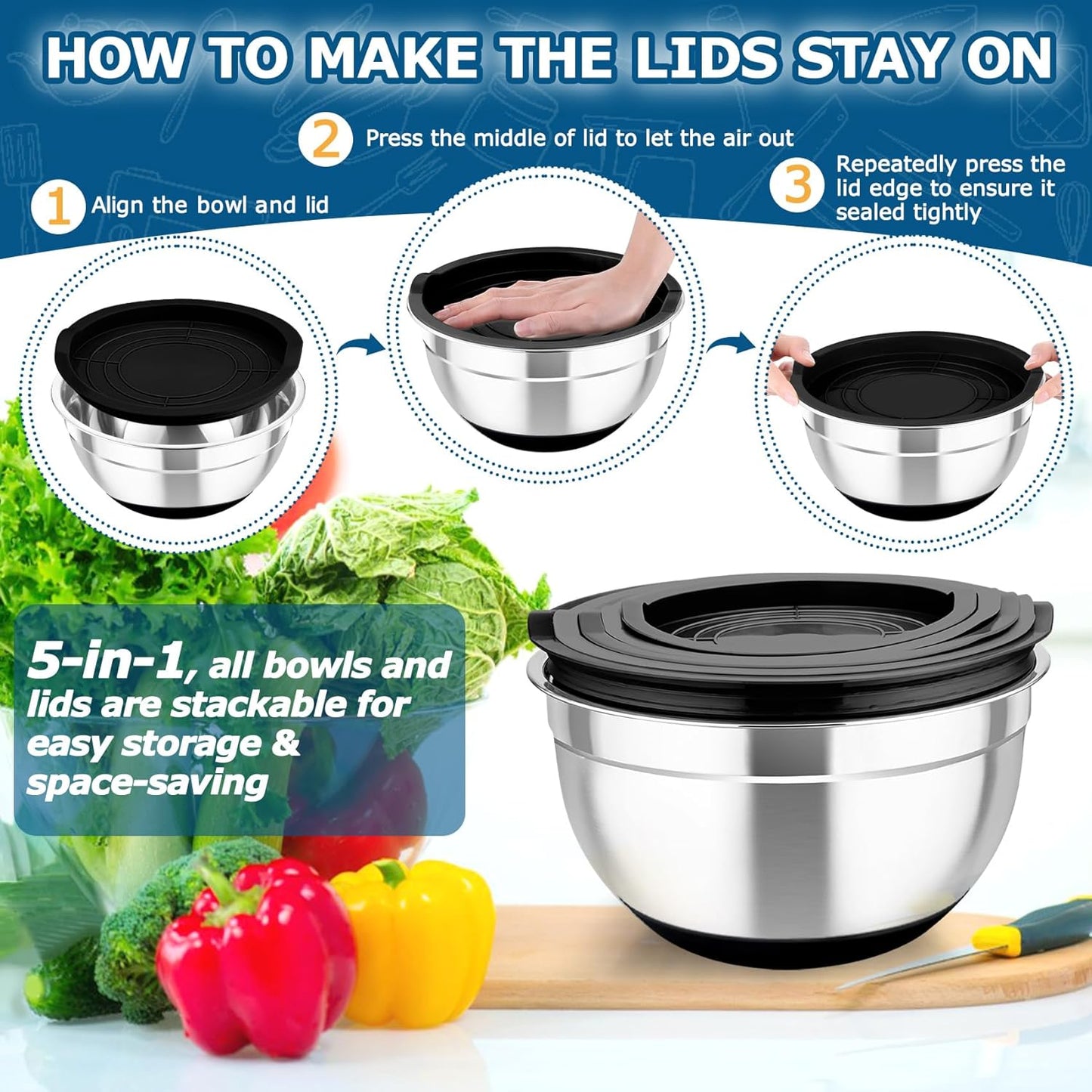 TeamFar Mixing Bowls, 5PCS Stainless Steel Nesting Salad Bowl with Lid & 3 Grater Attachments, for Prepping/Serving/Storing Food, Nontoxic, Airtight Lid & Non-slip Bottom - 4.6/3.5/2.5/1.5/1 QT