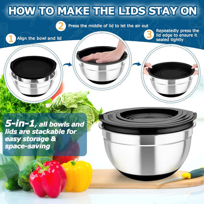 TeamFar Mixing Bowls, 5PCS Stainless Steel Nesting Salad Bowl with Lid & 3 Grater Attachments, for Prepping/Serving/Storing Food, Nontoxic, Airtight Lid & Non-slip Bottom - 4.6/3.5/2.5/1.5/1 QT