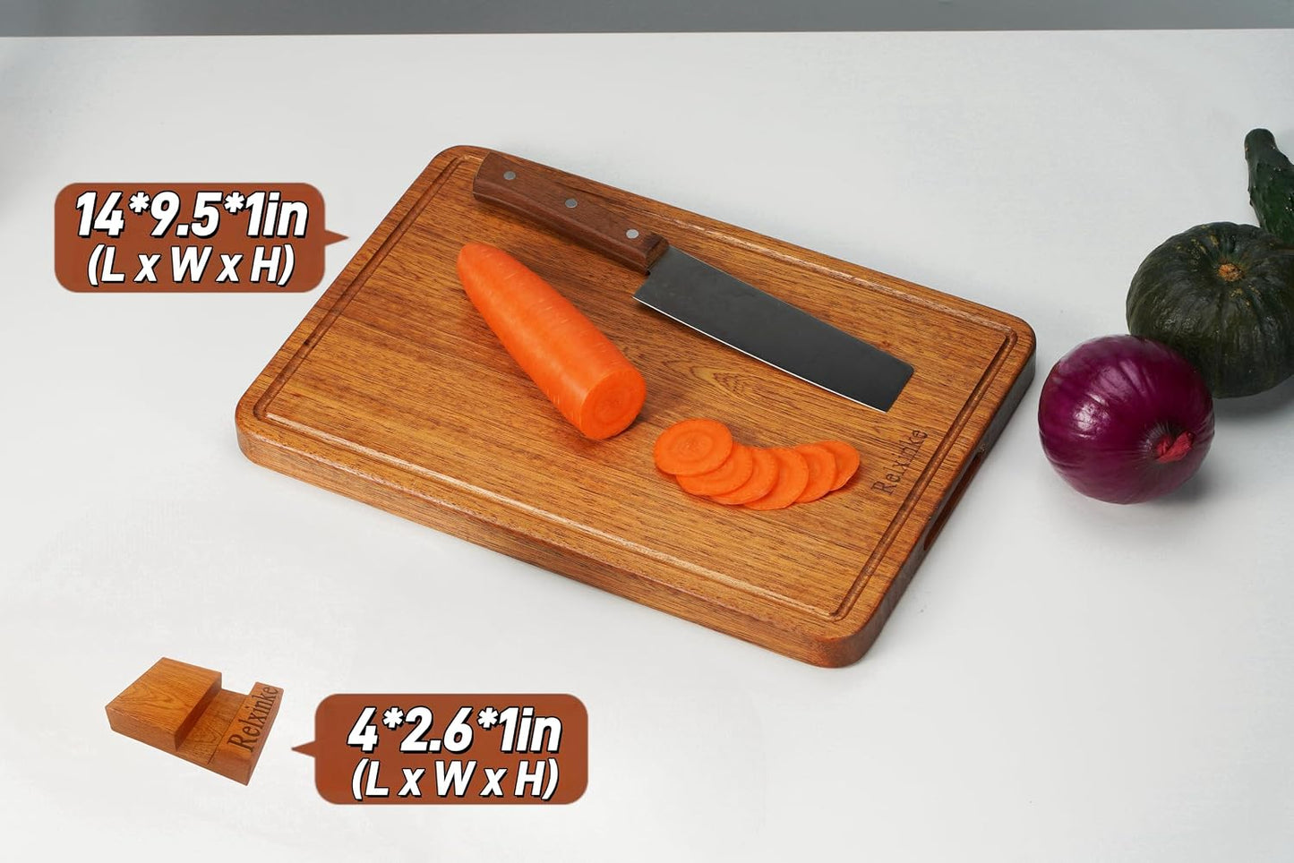 Solid Teak Wood Cutting Board Set One Piece Non Glued Large Thick Crack Resistant Wooden Chopping Board with DeepJuice Grooves Built in Handles for Kitchen Meat Bread 15x10.2IN &11.8 * 7.9IN