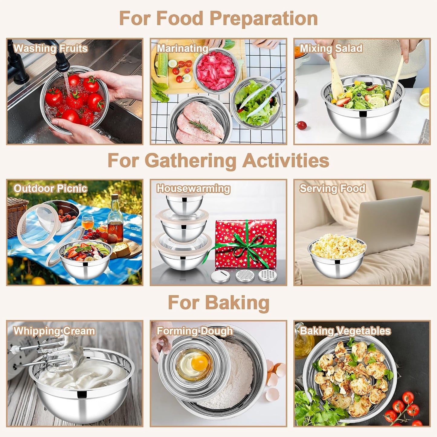 E-far Mixing Bowls Set of 5, Stainless Steel Salad Mixing Bowl with Transparent Lid, Metal Nesting Bowl Attach with 3 Graters for Kitchen Prepping/Serving/Baking/Storage, 4.6/2.6/1.5/1/0.7 QT - Black