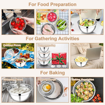 E-far Mixing Bowls Set of 5, Stainless Steel Salad Mixing Bowl with Transparent Lid, Metal Nesting Bowl Attach with 3 Graters for Kitchen Prepping/Serving/Baking/Storage, 4.6/2.6/1.5/1/0.7 QT - Black
