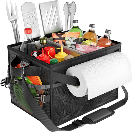 FANGSUN Black Grill Caddy, BBQ Organizer with Lid & Paper Towel Holder, Picnic Griddle Caddy for Outdoor Camping, Barbecue Accessories Organizer, 32L Capacity, Black