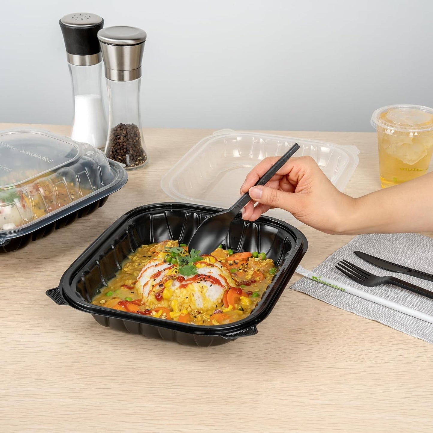 Thermo Tek 40 Ounce Clamshell Containers, 50 Disposable Take Out Boxes - 3 Compartments, Ventilated Lids, Black Plastic Meal Prep Containers, Microwavable, For Pasta Or Salads - Restaurantware