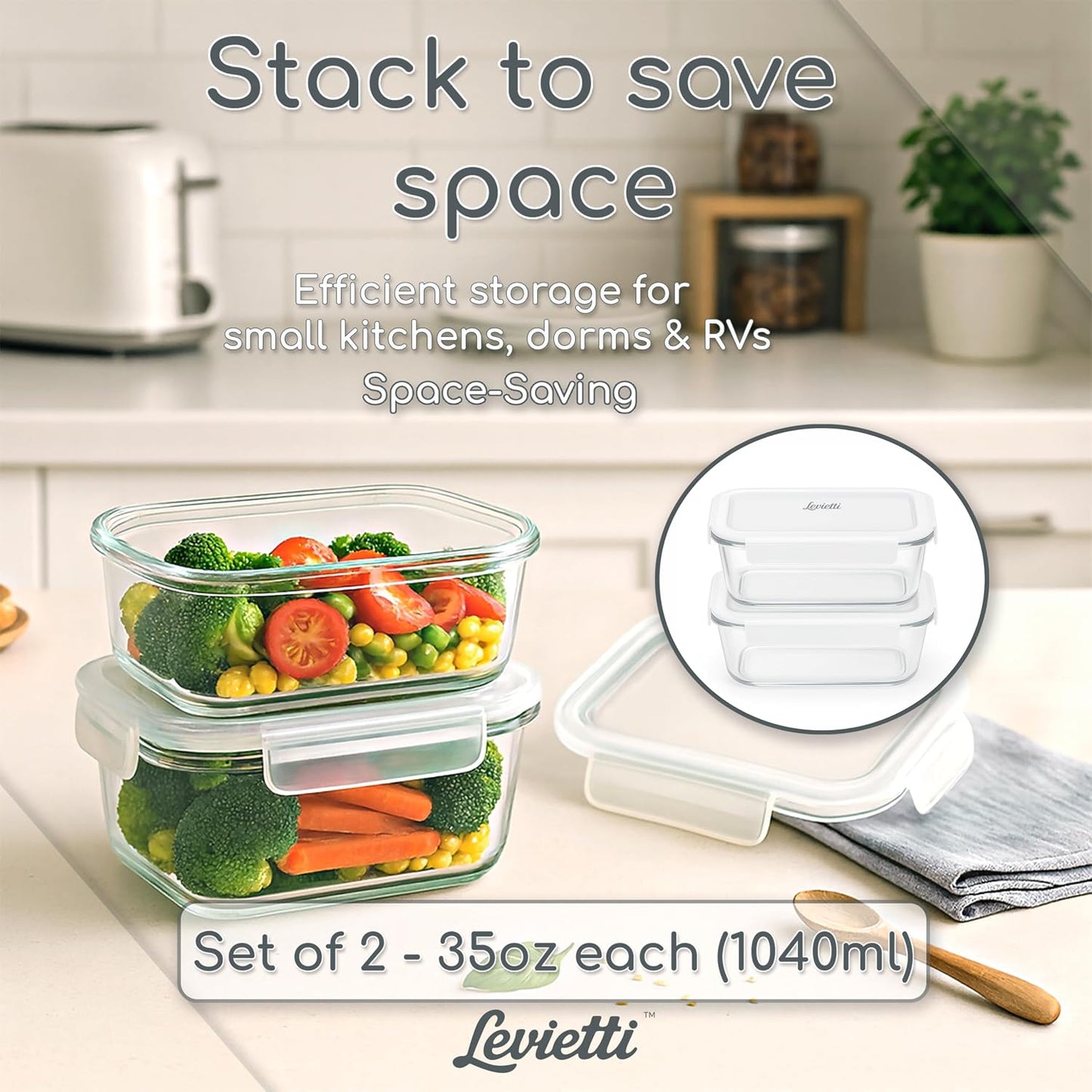 Levietti 2-Pack Borosilicate Glass Food Storage Containers with Lids 35oz (1040 ml) — Airtight Leakproof Meal Prep Containers, BPA-Free Snap Lock Lids, Oven Microwave Freezer Dishwasher Safe