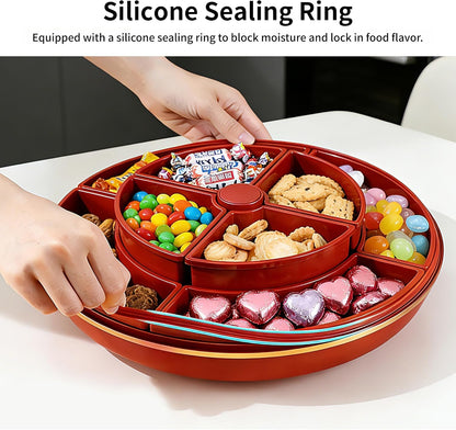 Large 8-Compartment Rotating Snack Tray with Lid, Food Grade PP Divided Serving Tray with Removable Dividers, 360° Spin for Party, Fridge Storage, Fruits & Nuts (Cream White)