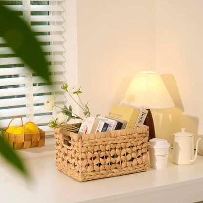 NAYA 11.6" Water Hyacinth Medium Wicker Shelf Basket – Storage Bin | Handwoven water hyacinth shelf basket with sturdy handles for pantry, towels and everyday home organization.