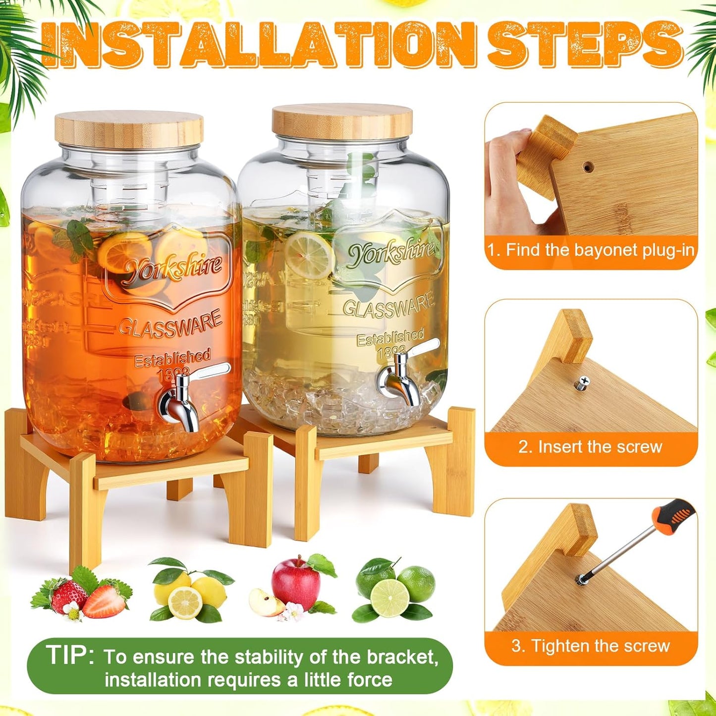 Honeydak 2 Pack 2.6 Gallon Glass Drink Dispenser for Parties, Large Beverage Dispensers with Wooden Stand, Lid & Stainless Steel Spigot, Leakproof Lemonade Dispenser for Weddings, Bar, Juice, Iced Tea