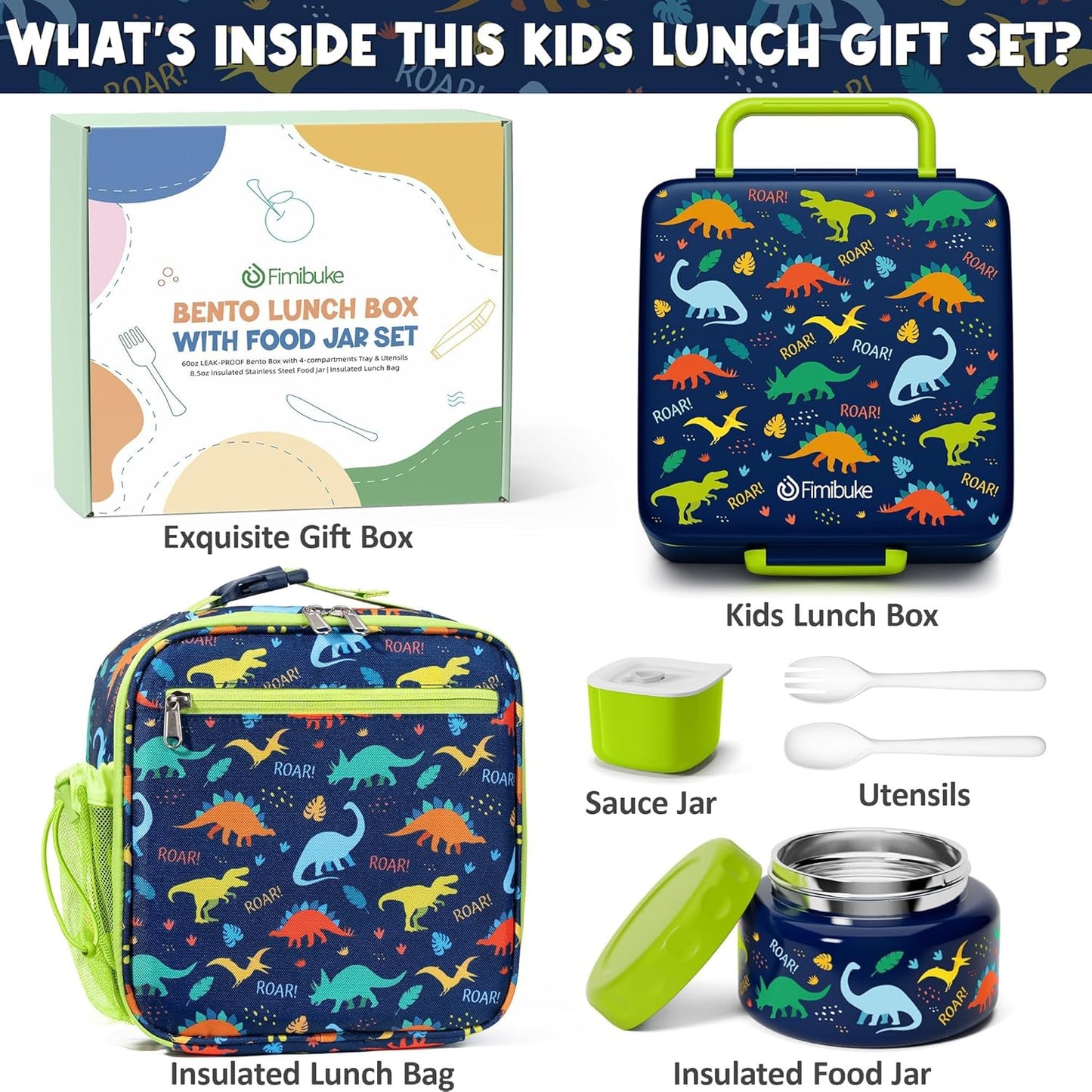 Fimibuke Kids Bento Lunch Box with Thermo, Leakproof Toddler Bento Box with 8.5OZ Insulated Food Jar, Lunch Bag & Utensils BPA Free Dishwasher Safe 3 or 4 Compartment Container for School Girls Boys