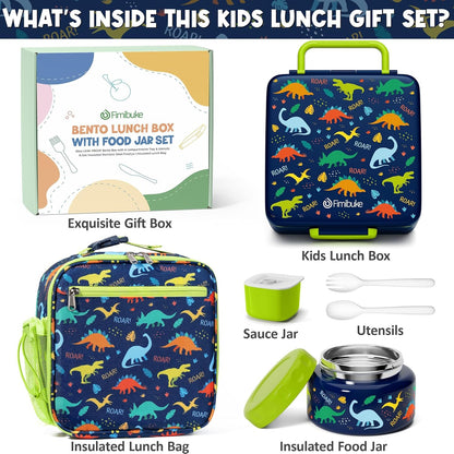 Fimibuke Kids Bento Lunch Box with Thermo, Leakproof Toddler Bento Box with 8.5OZ Insulated Food Jar, Lunch Bag & Utensils BPA Free Dishwasher Safe 3 or 4 Compartment Container for School Girls Boys