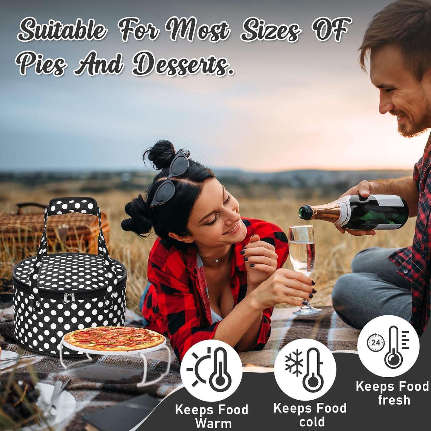 Pickmesh Round Pie Carrier 12 x 7 Inch Insulated Casserole Carriers with Lid and Detachable Handle for Hot or Cold Food Cake Transport Thanksgiving Christmas Gift(Cyan White Zigzag)