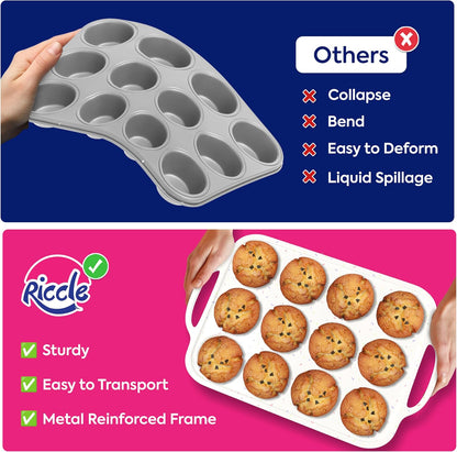 RICCLE 2 Pack Silicone Muffin Pans for Baking with Metal Reinforced Frame - Regular 12 Cup Silicone Muffin Pan & 24 Cup Mini Cupcake Pans - Silicone Cupcake Pan Set - Oven & Dishwasher Safe, BPA-Free
