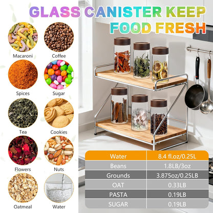 6 pc Glass Spice jars Glass Jars with Screw Lid 5 oz Acacia Wood Glass Herb Sugar Coffee Bean Ground Container Food Storage Canister for Candy Pantry Tea Seasoning Meal Prep Snack (6*150ml(5oz))