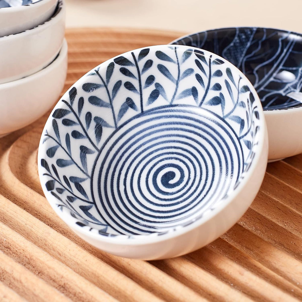 Japanese Style Ceramic Dipping Bowls,3'' Small Pinch Bowls Set Side Sauce Cups,Dishes for Sushi,Snack and Soy,BBQ,2.5 Oz Blue and White Mini Bowl for Kitchen Prep - Set of 6 (3 inch)