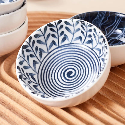 Japanese Style Ceramic Dipping Bowls,3'' Small Pinch Bowls Set Side Sauce Cups,Dishes for Sushi,Snack and Soy,BBQ,2.5 Oz Blue and White Mini Bowl for Kitchen Prep - Set of 6 (3 inch)