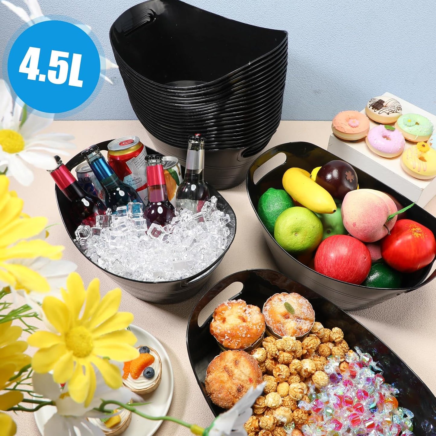 Norme 48 Pcs Plastic Ice Buckets for Parties Bulk 4.5L Oval Black Storage Tub with Handles Wine Beer Champagne Bottle Drink Cooler Tub for Christmas Holiday Home Parties Beverage Storage Basket Gift