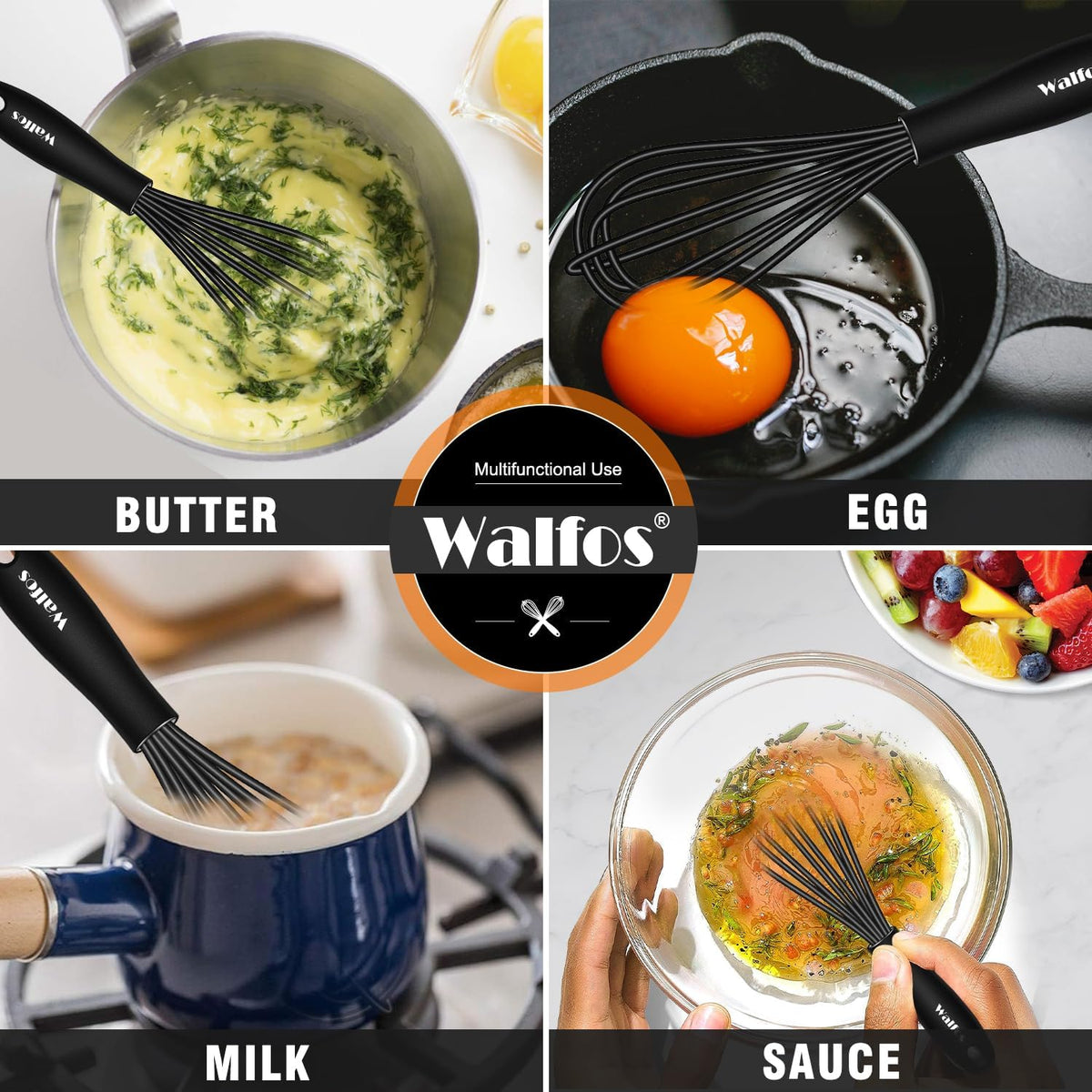 Walfos Silicone Whisk,Stainless Steel Wire Whisk -Heat Resistant 480°F Kitchen Whisks for Non-stick Cookware,Balloon Egg Beater Perfect for Blending,Whisking,Beating,Frothing & Stirring,Black