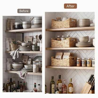 StorageWorks Wicker Baskets for Organizing, Water Hyacinth Storage Baskets with Handles, Woven Baskets for Pantry Storage, 13" x 8¼" x 7", 2-Pack