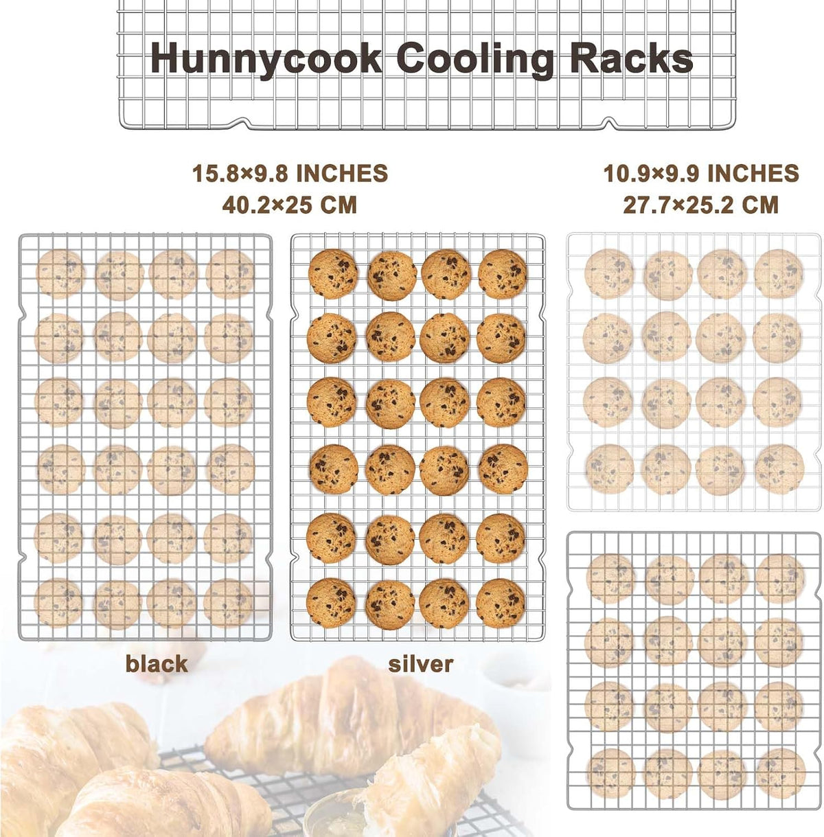 Hunnycook 15.8”×9.8” Cooling Rack, 3P Stainless Steel Baking Rack, Oven Safe Cooling Racks for Cooking and Baking, Black Roasting Rack & Wire Rack & Cookie Cooling Rack for Roasting, Grilling, Drying