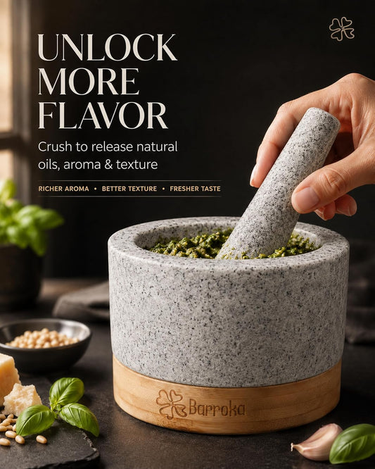 Natural Granite Mortar and Pestle Set Large w/Bamboo Base & Long Pestle 6 Inch 2 Cups Capacity Molcajete Bowl -Plastic Free Stone Grinder Bowl Muddler Set -Grey Unpolished Exterior