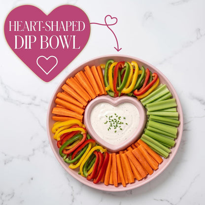Paris Hilton Chip and Dip Serving Tray, Finely Crafted Stoneware with Heart-Shaped Dipper, Embossed Hearts, Microwave and Dishwasher Safe Stoneware, 12-Inch, Pink
