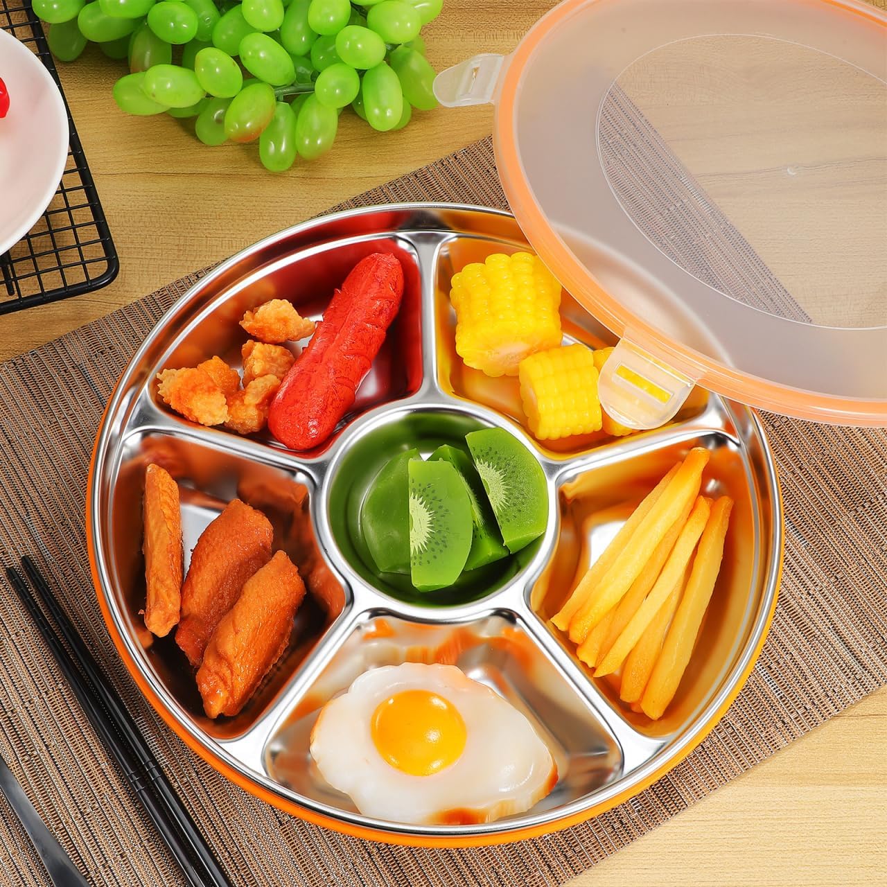 Ipetboom Divided Serving Tray with Lid - Stainless Steel Snack Container Large Veggie Tray with Cover for Family Gatherings Picnics Office Lunches Fresh Food Vegetable Platter Plate - 6 Compartment
