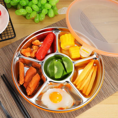 Ipetboom Divided Serving Tray with Lid - Stainless Steel Snack Container Large Veggie Tray with Cover for Family Gatherings Picnics Office Lunches Fresh Food Vegetable Platter Plate - 6 Compartment