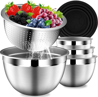 DUTZUN Mixing Bowls with Lids Set - 16pcs Stainless Steel Mixing Bowl Set with Colander, 3 Grater Attachments, Non-Slip Bottom, Metal Nesting Bowls with Strainer for Mixing & Serving - Black