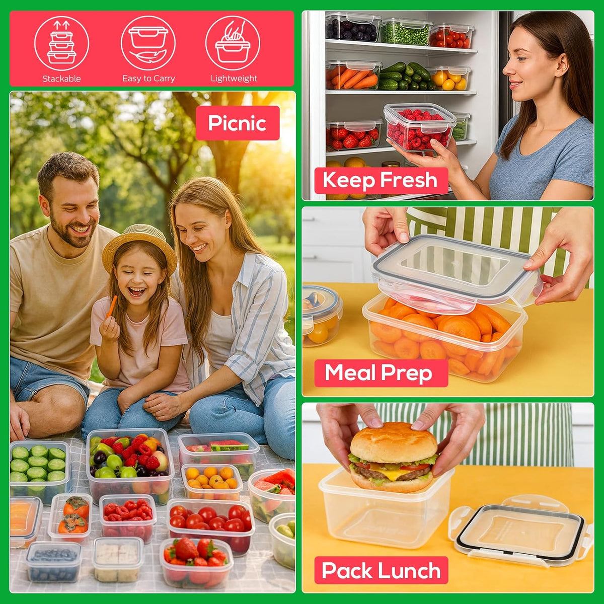 50 PCS Thicker Food Storage Containers with Lids, Clear Stackable Airtight Leakproof Reusable Plastic Meal Prep Container Set for Kitchen Storage/ Lunch, Fridge/ Microwave Safe with Labels&Pen