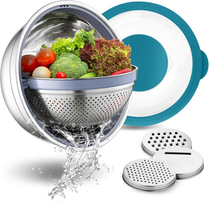 P&P CHEF 4-In-1 Stainless Steel Colander with Bowl Set, Rotatable Strainers for Kitchen, Fruit Cleaner, Washing Fruit & Draining Pasta, Mixing Bowl and Lid with Grater for Salad, Black