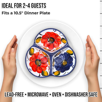 Ceramic Chip & Dip Bowl 7.5”, 3-Compartment Divided Serving Dish & Condiment Tray for Appetizers – Handmade in Spain, Lead-Free Glaze, Microwave, Oven & Dishwasher Safe