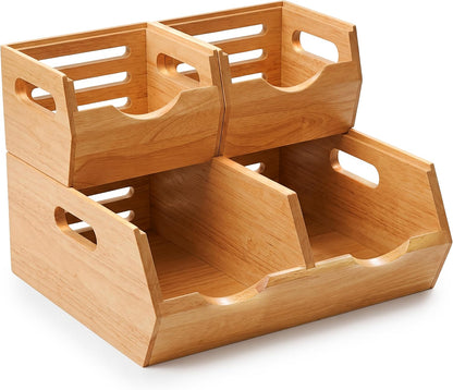 HOMESTEAD Stackable Solid Wood Storage Bins for Kitchen Pantry & Countertop, Ventilated Potato and Onion Basket Organizer with Handles, Wooden Produce Storage Containers, 3-Pack, Chestnut Finish