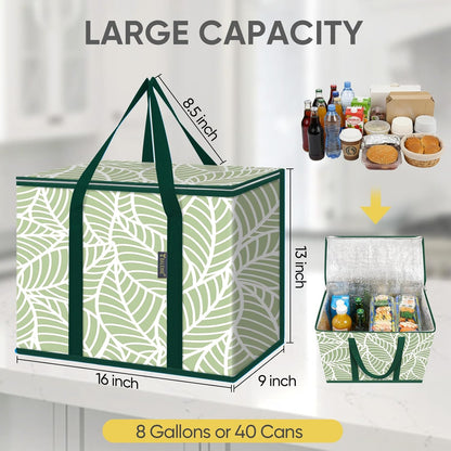 BALEINE 2Pk Insulated Reusable Grocery Bags, Collapsible Cooler Bag for Groceries, Heavy Duty Large Insulated Bag (16''x9''x13'', Antique Foliage)