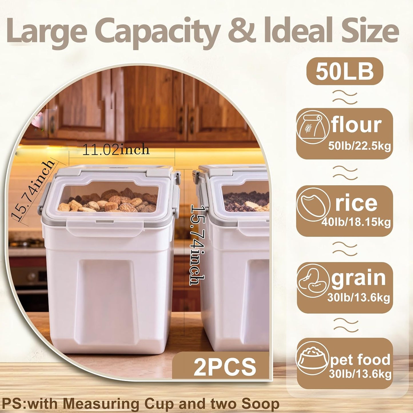 RUIAN 2Pcs Large Flour Storage Container Bin 50Lb Airtight Rice Storage Containers with Wheels Seal Locking Lid, BPA Free with Measuring Cup&Scoop for Flour, Rice, Grain 100LBS Total (Blue)
