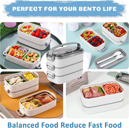 Stainless Steel Bento Box for Adults&Kids,Japanese Leakproof Lunch Box Divided Food Meal Storage Containers Set Stackable 2 Layer for Children School Picnic Beige