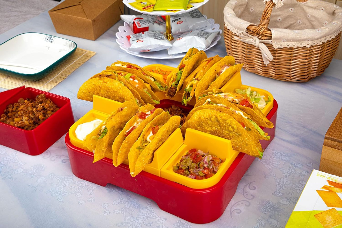 Taco Tuesday Kit-Taco Bar Serving Set for a Party with 4 personal Taco Holders,Taco Night for Burritos,Nachos,7 compartments,Perfect for Parties,Nacho Taco Night Fiesta Unique Couple&Housewarming Gift