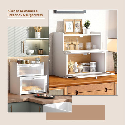FILWH Bread Box for Kitchen Countertop Double Layer Large Corner Bread Box Capacity Bread Storage Bin Farmhouse Breadbox Container Organizer Cabinet Cupboard Black